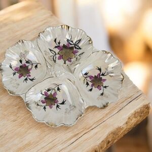 Vintage Serving Dish 4 Part Divided Plate Gold Center Piece Shell Handle Flowers